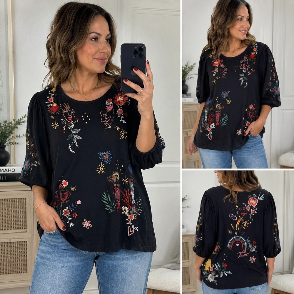 Johnny Was Top Embroidered Mermaid Celestial Floral Boho Black Size M